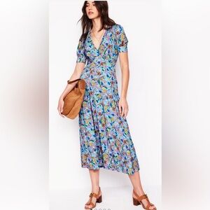 Boden Kristen Pleated Jersey Dress Blue Floral Vine Sz 12R